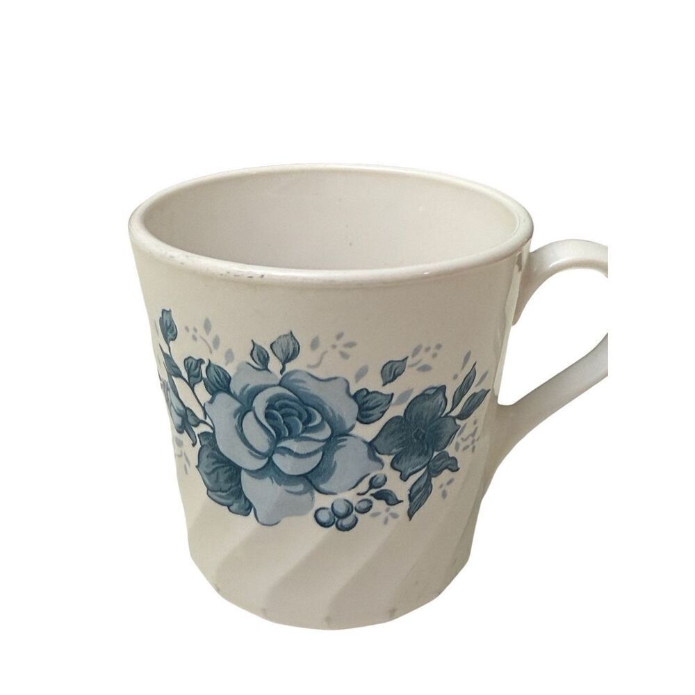 Corelle Corning Blue Velvet Rose Coffee Cup Mug  Floral Swirl 3 1/2" Tall vintag